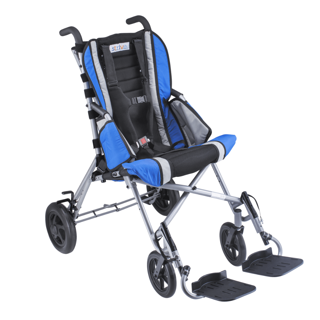 The Circle Specialty Strive Adaptive Stroller is a blue and black pediatric wheelchair with a lightweight frame, adjustable footrests, harness straps, and four wheels—designed to support children with mobility needs.